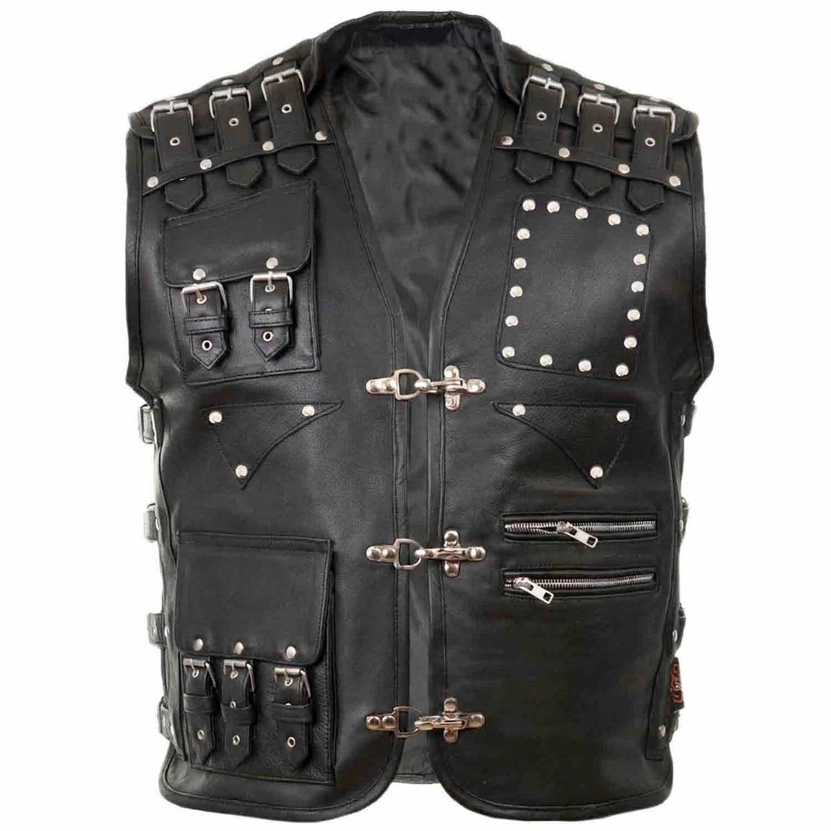 Front view of men's black genuine cowhide leather motorcycle vest featuring 3 metal fish-hook closures, buckle pockets, and shoulder adjusters.
