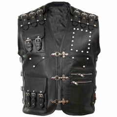 Front view of men's black genuine cowhide leather motorcycle vest featuring 3 metal fish-hook closures, buckle pockets, and shoulder adjusters.