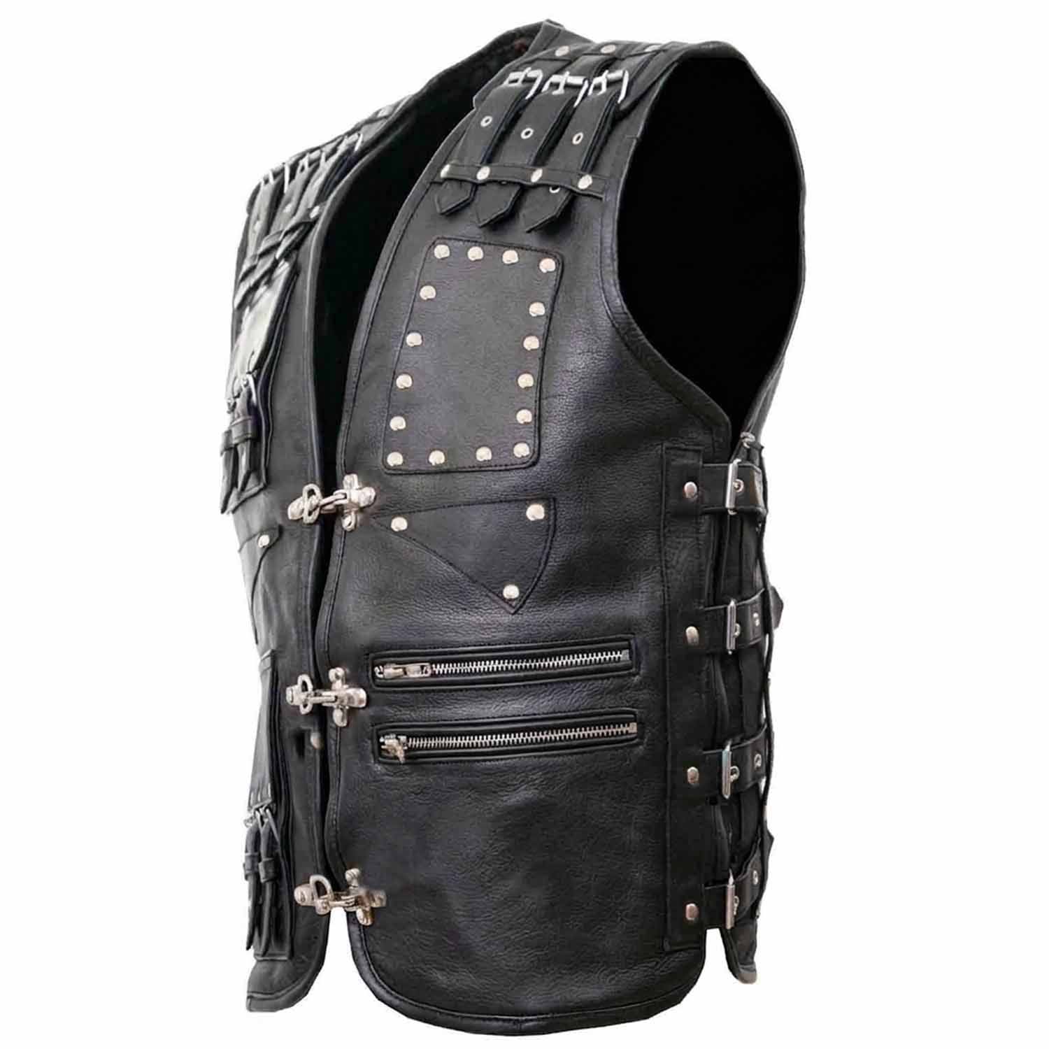 Side profile of men's black leather biker vest displaying adjustable side buckles, zippered pockets, and heavy-duty hardware.
