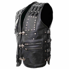 Side profile of men's black leather biker vest displaying adjustable side buckles, zippered pockets, and heavy-duty hardware.