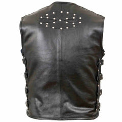 Back view of men's real leather club vest showing smooth leather panel with stud detailing and side-adjustment buckles.