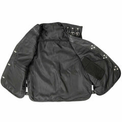 Inside view of men's genuine leather riding vest highlighting smooth black satin lining and concealed internal pockets.