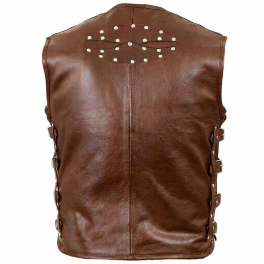 Men’s Genuine Brown Cowhide Leather Motorcycle Vest