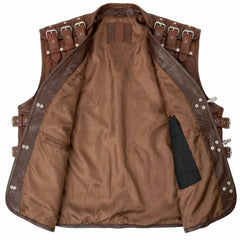 Men’s Genuine Brown Cowhide Leather Motorcycle Vest