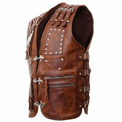 Men’s Genuine Brown Cowhide Leather Motorcycle Vest