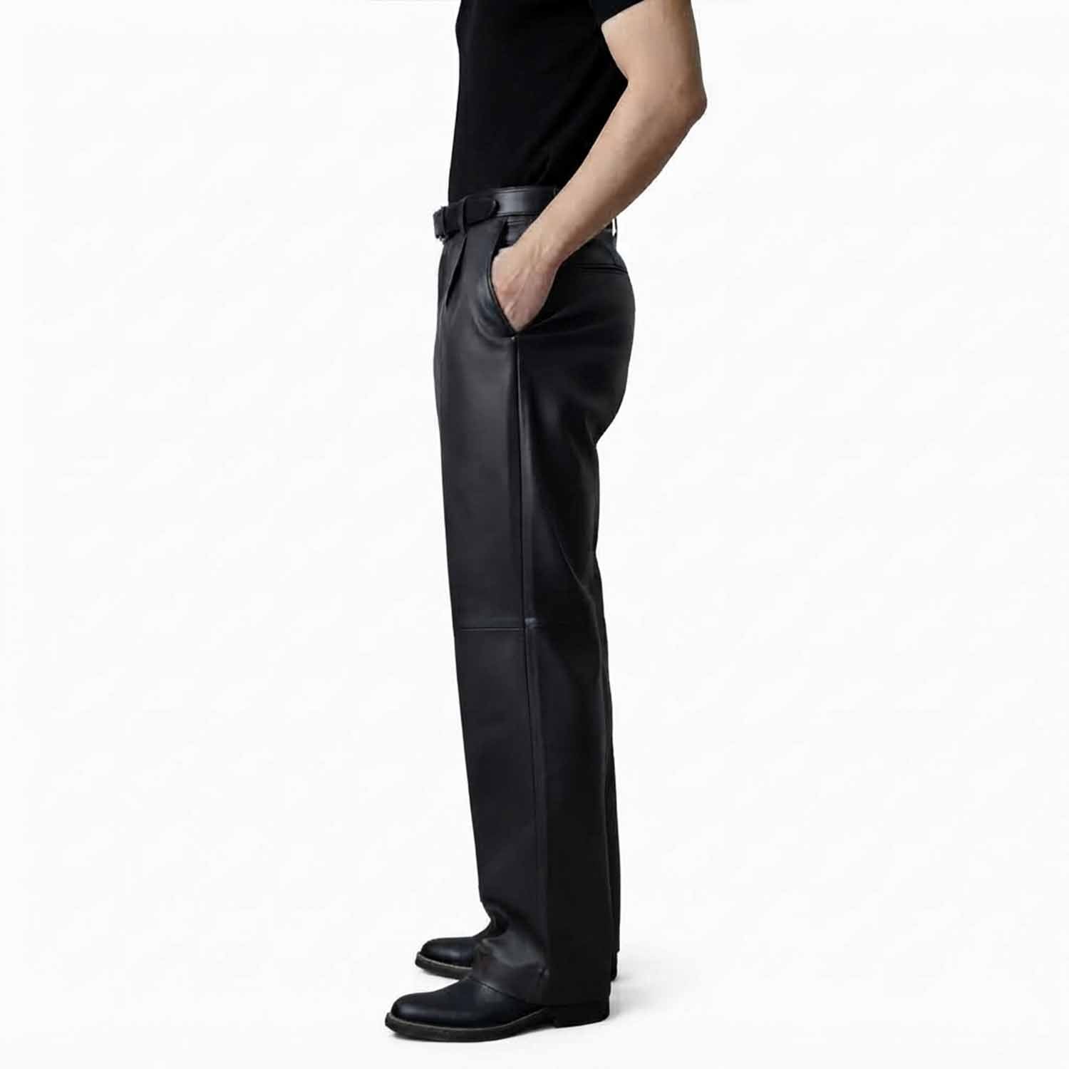 Side profile view of men's black leather dress pants showing the comfortable regular fit and clean side pocket styling.