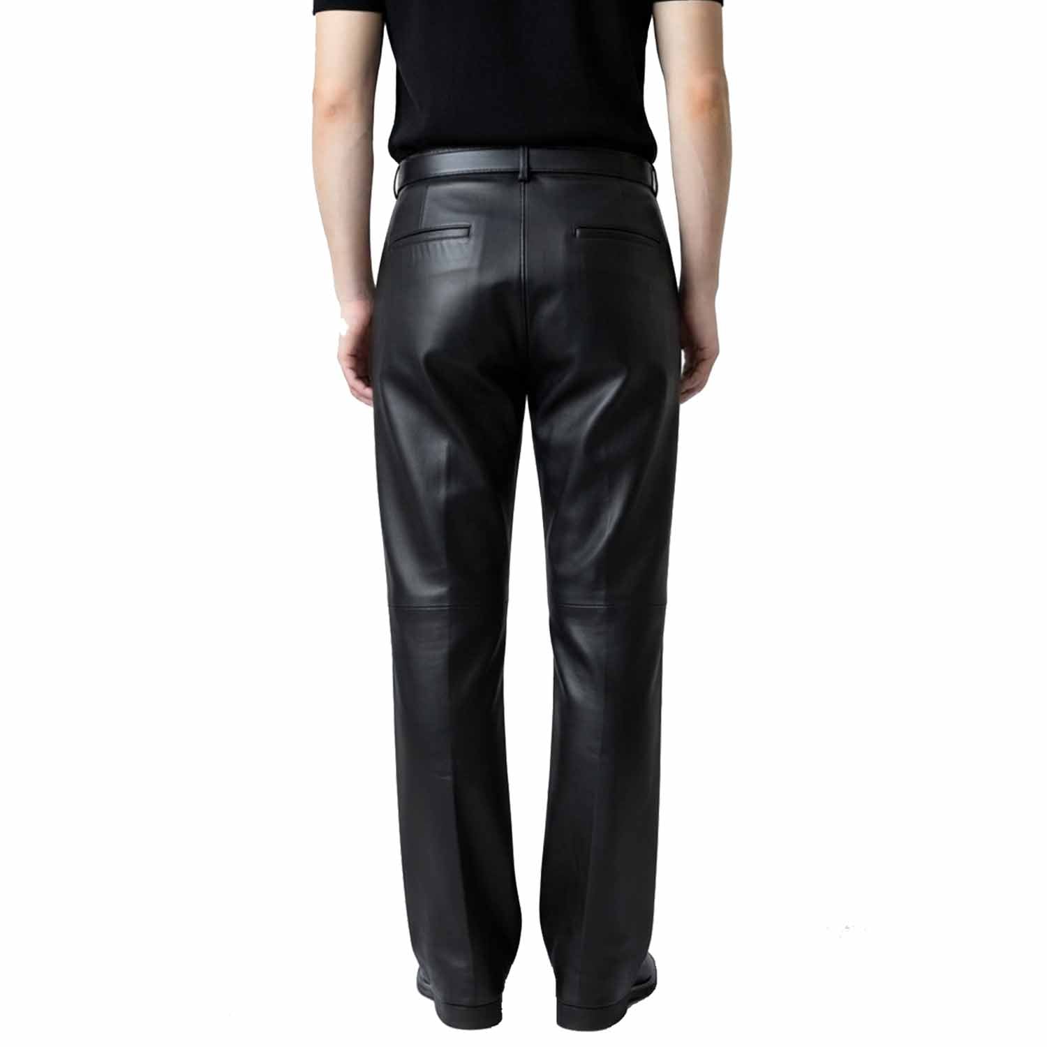 Rear view of men's black leather formal trousers highlighting tailored back pockets and a sharp, polished silhouette.