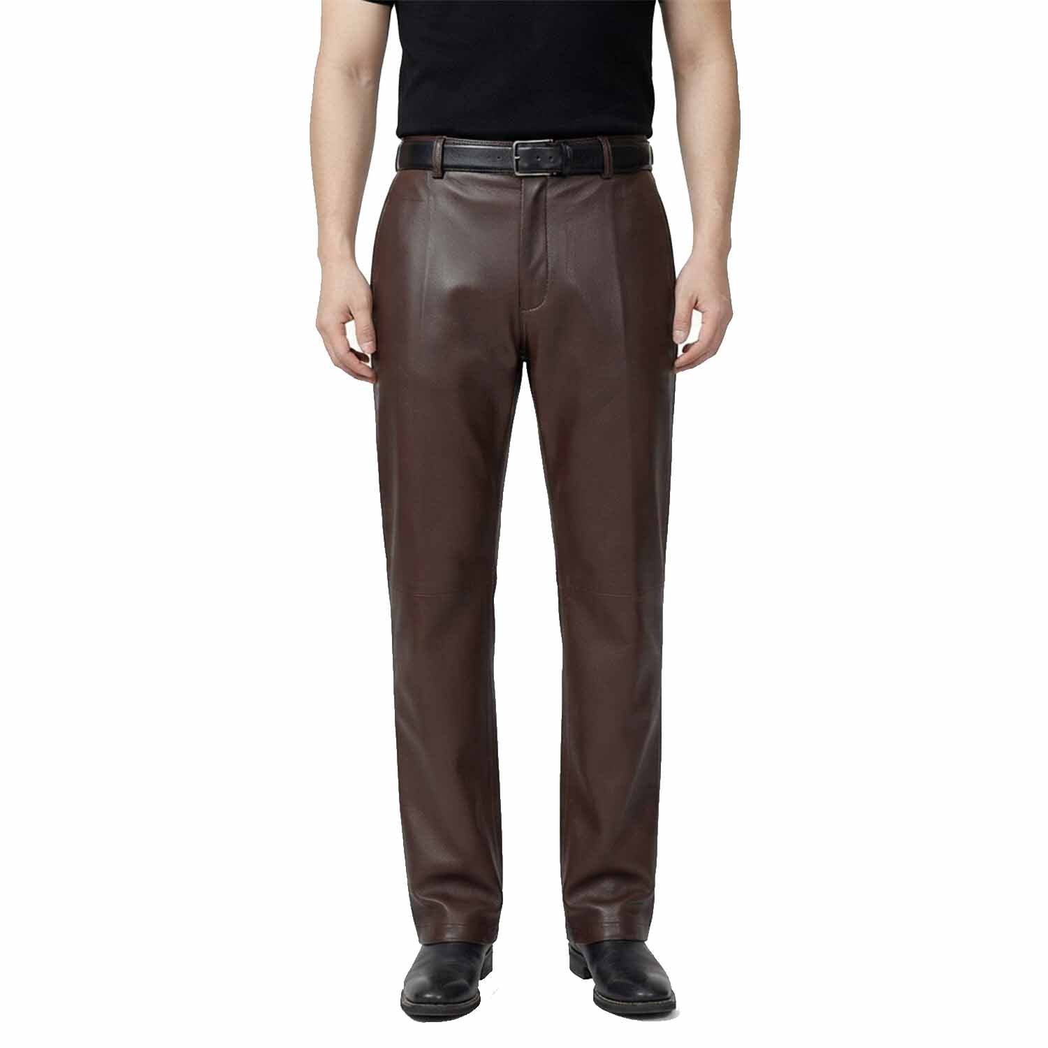 Full-length front view of a man wearing classic-fit brown leather formal trousers with a smooth finish and straight leg.