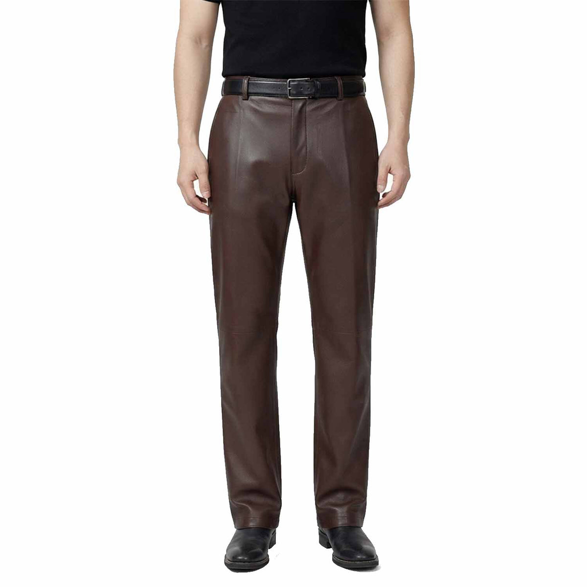 Full-length front view of a man wearing classic-fit brown leather formal trousers with a smooth finish and straight leg.