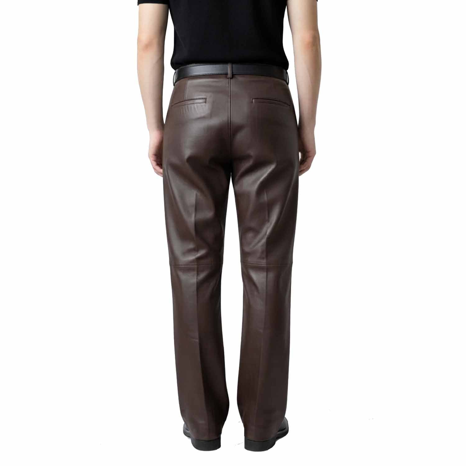 Rear view of men's brown leather formal trousers highlighting tailored back pockets and a sharp, polished silhouette.