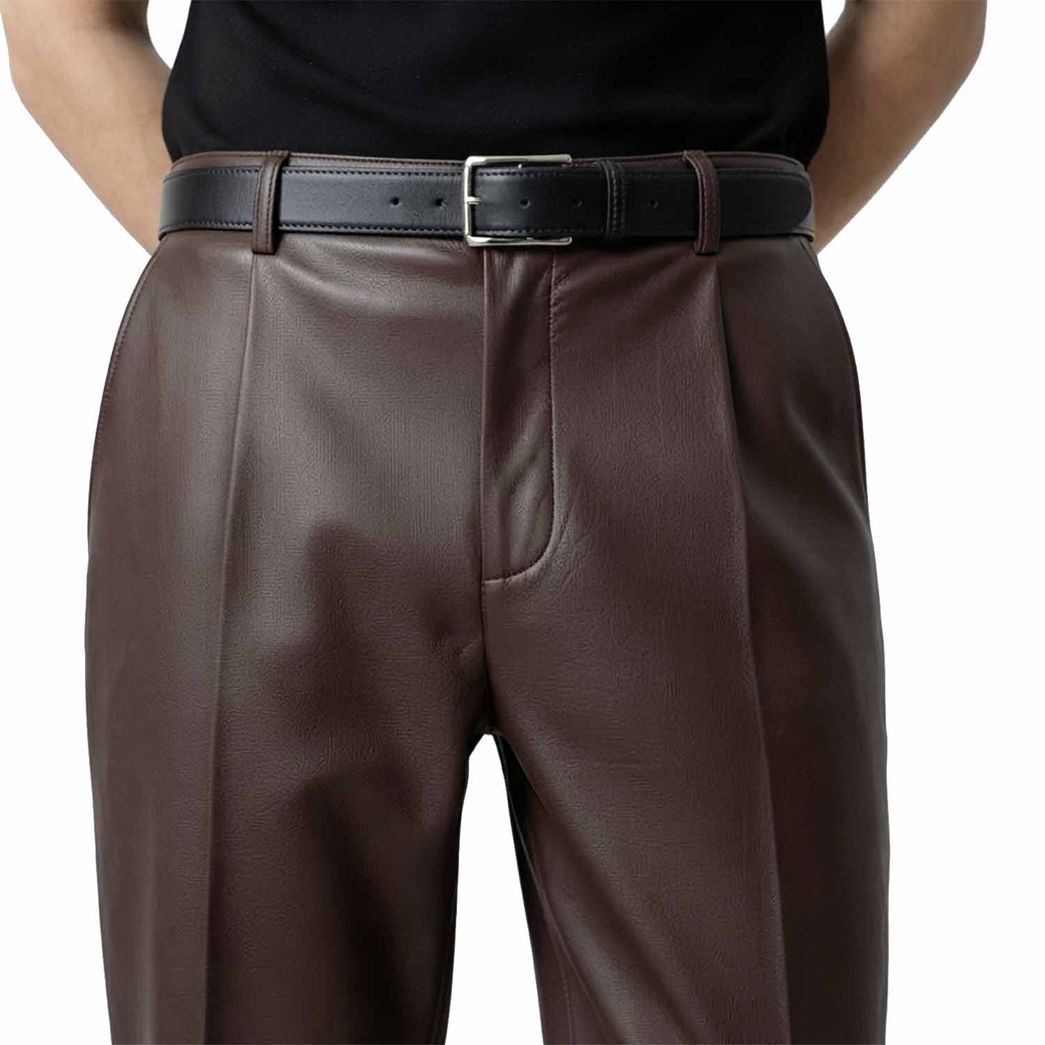 Close-up front view of men's genuine brown lambskin leather formal pants featuring pleated front detailing and a classic leather belt.