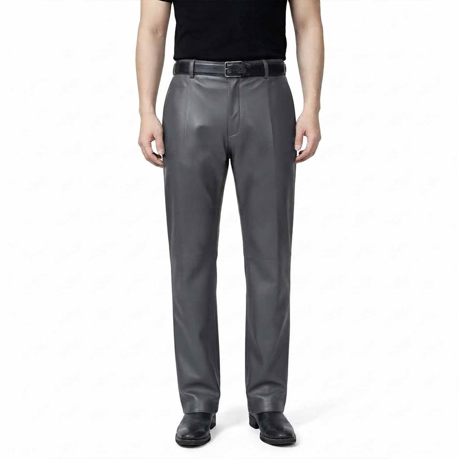 Full-length front view of a man wearing classic-fit gray leather formal trousers with a smooth finish and straight leg.