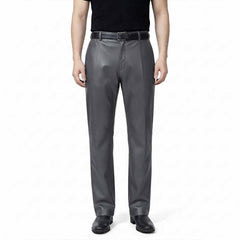 Full-length front view of a man wearing classic-fit gray leather formal trousers with a smooth finish and straight leg.