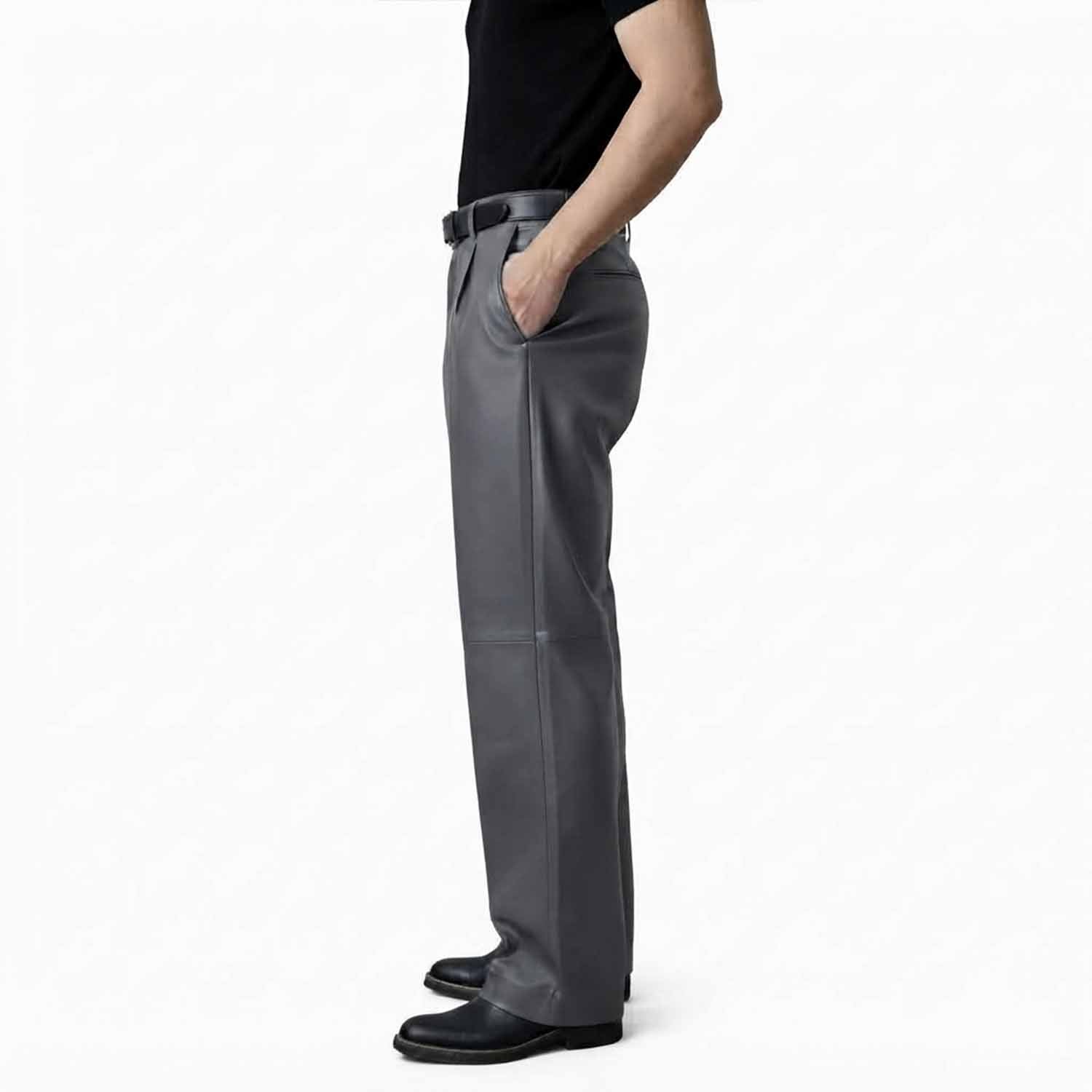 Side profile view of men's gray leather dress pants showing the comfortable regular fit and clean side pocket styling.