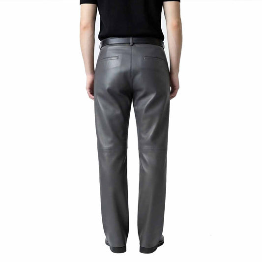 Rear view of men's gray leather formal trousers highlighting tailored back pockets and a sharp, polished silhouette.