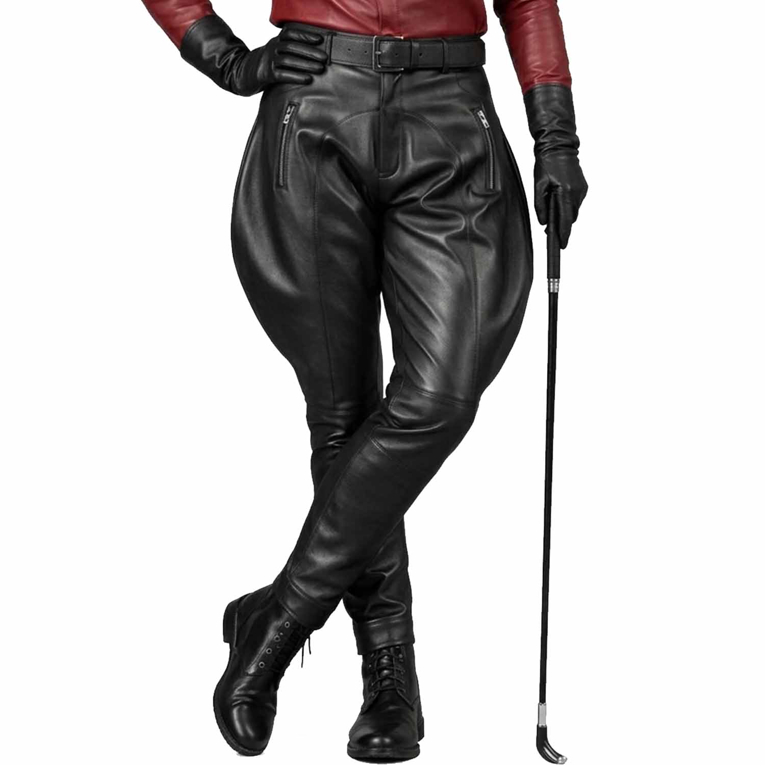 Full-body view of a model wearing classic black genuine leather equestrian jodhpurs with front zipper pockets and black boots.