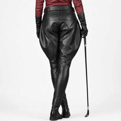 Rear view showcasing the clean back profile and tailored fit of the men's black leather riding breeches.