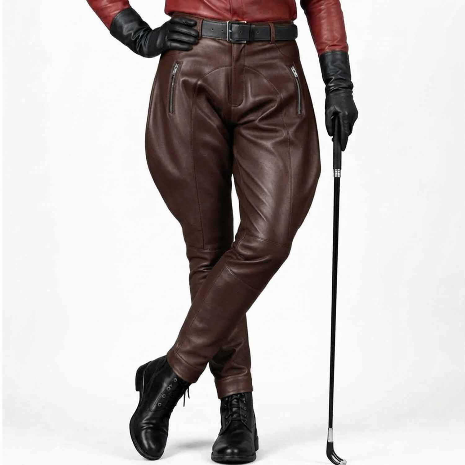 Rich brown genuine leather equestrian breeches styled with a tailored silhouette for riding or fashion wear.