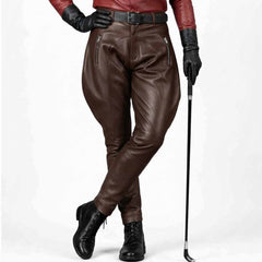 Rich brown genuine leather equestrian breeches styled with a tailored silhouette for riding or fashion wear.