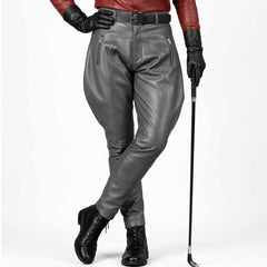 Sleek grey genuine leather riding pants displaying the classic jodhpur flared thigh design and clean taper.
