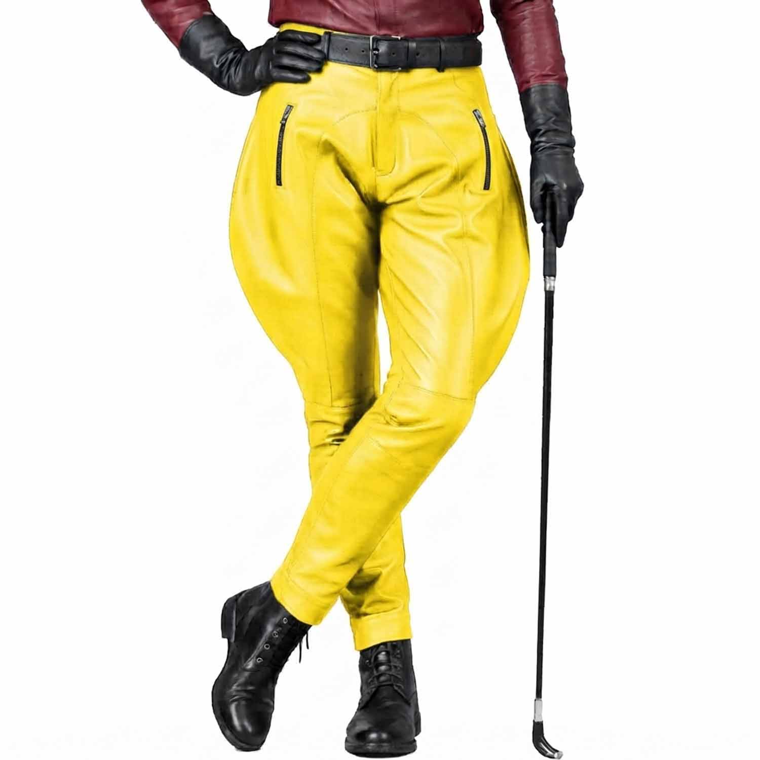 Bright yellow genuine leather jodhpur trousers offering a statement look for fashion or performance.