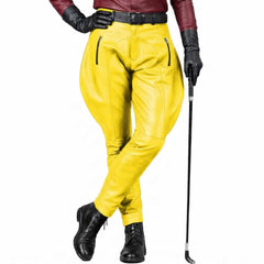 Bright yellow genuine leather jodhpur trousers offering a statement look for fashion or performance.