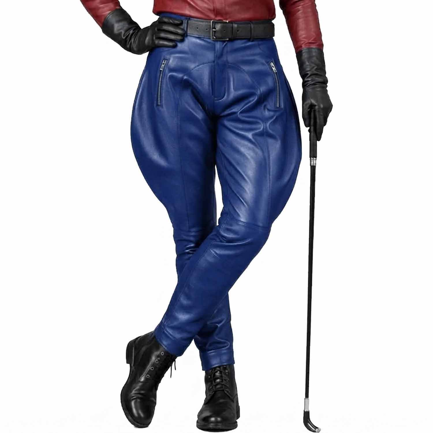 Royal blue men's genuine leather riding pants with an authentic jodhpur cut and polished finish.