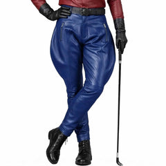 Royal blue men's genuine leather riding pants with an authentic jodhpur cut and polished finish.