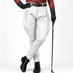Front-angled view of white genuine leather jodhpur breeches paired with a riding crop and boots.