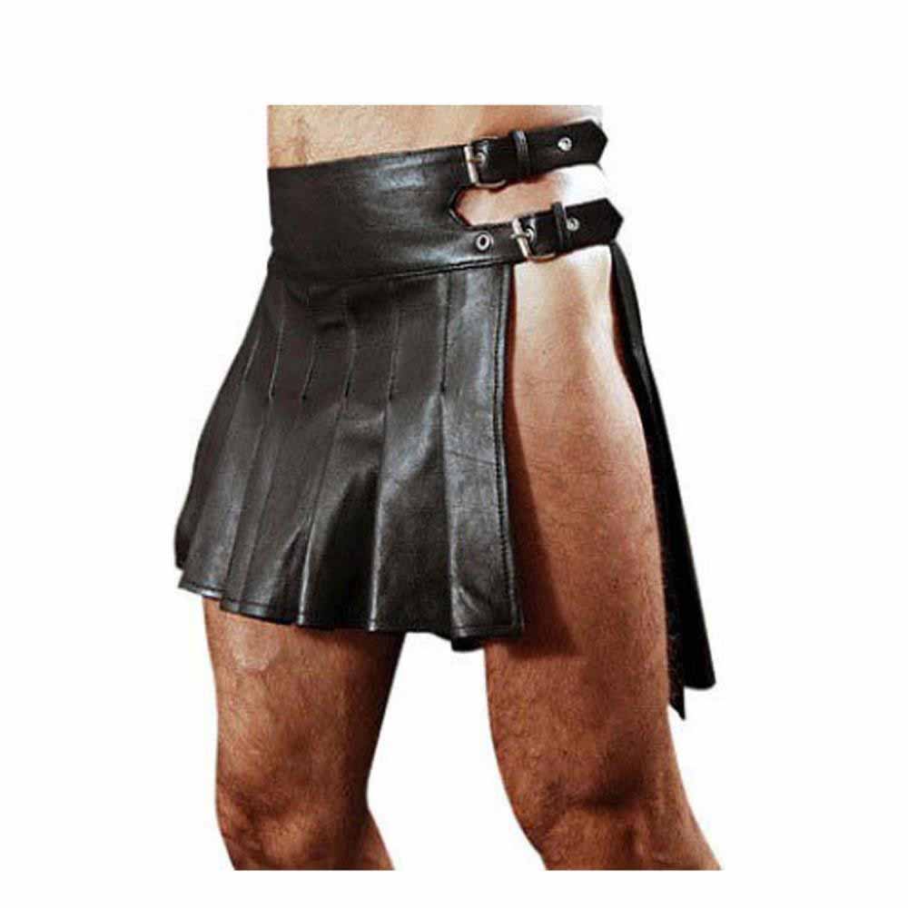 Black leather kilt with double buckle straps at the waist, shown on a model against a white background.