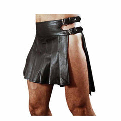 Black leather kilt with double buckle straps at the waist, shown on a model against a white background.