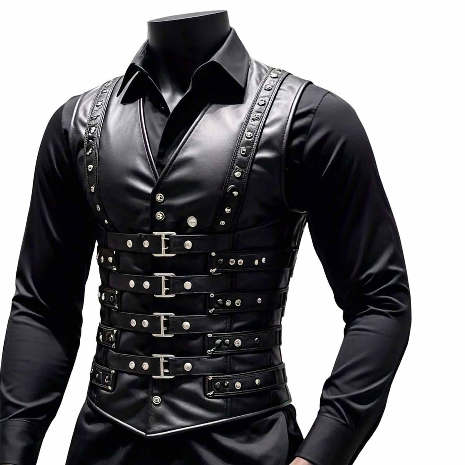 Front view of a man wearing a black sheep leather buckled corset vest layered over a dark button-down shirt.