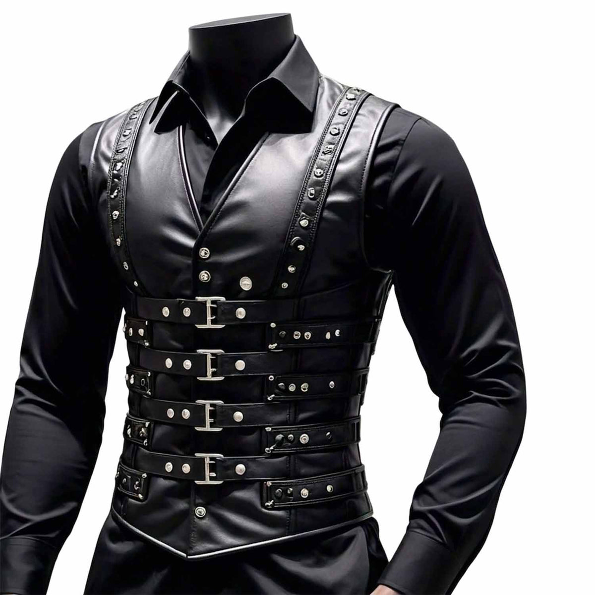 Front view of a man wearing a black sheep leather buckled corset vest layered over a dark button-down shirt.