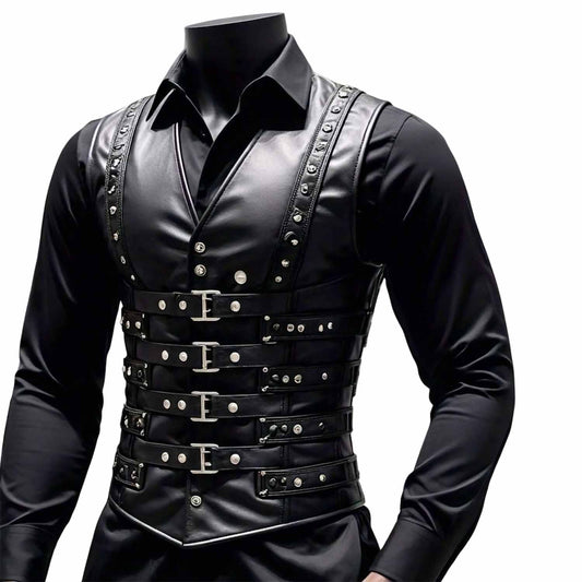 Front view of a man wearing a black sheep leather buckled corset vest layered over a dark button-down shirt.