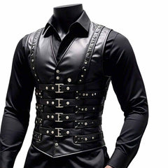 Front view of a man wearing a black sheep leather buckled corset vest layered over a dark button-down shirt.