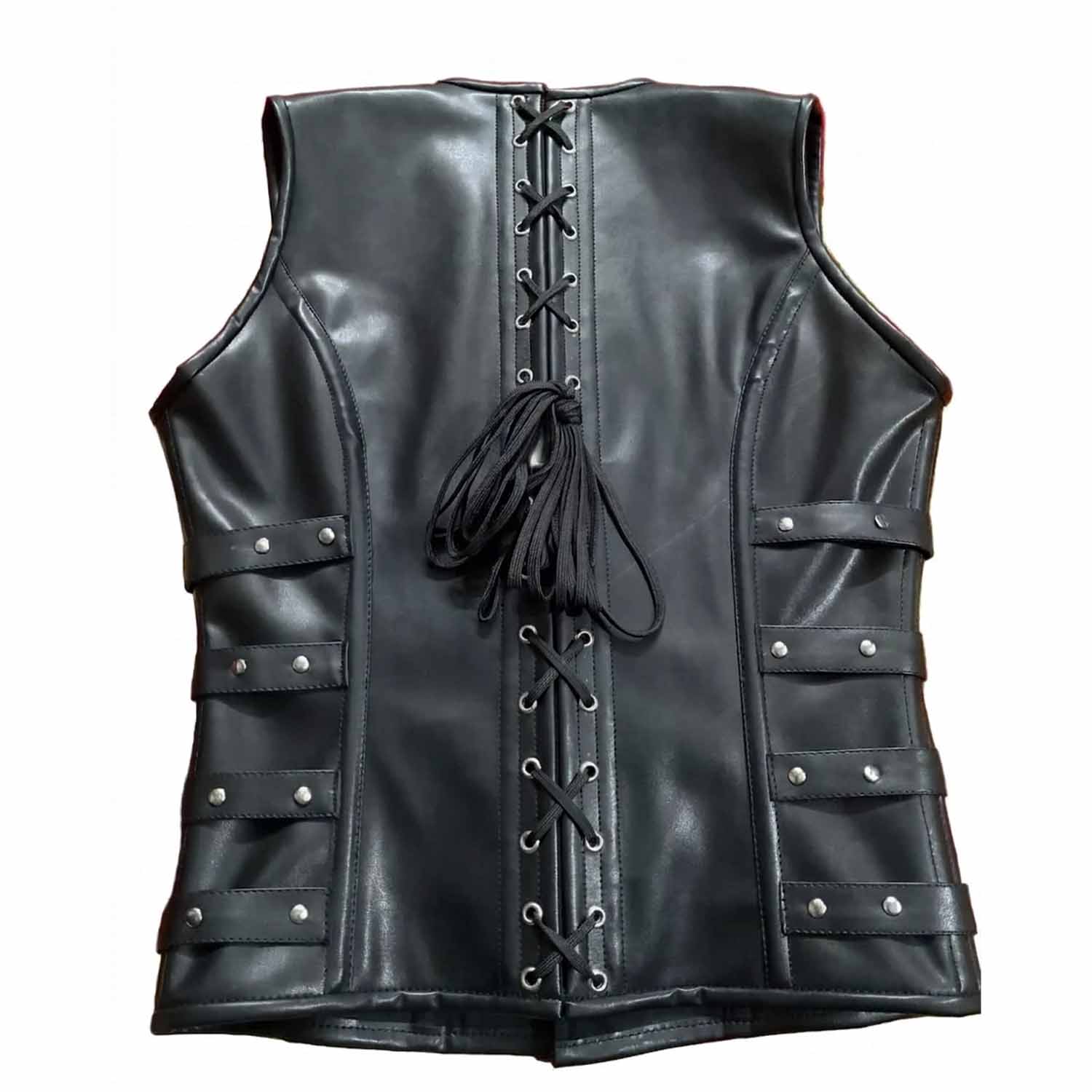 Rear view of the men's black leather corset vest highlighting the adjustable lace-up lacing system and side strap details.