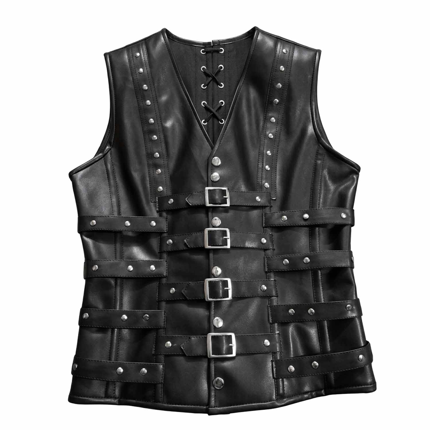Flat lay front view of a men's black genuine leather steel boned corset vest showing horizontal buckle straps and metal snap closures.