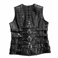 Flat lay front view of a men's black genuine leather steel boned corset vest showing horizontal buckle straps and metal snap closures.