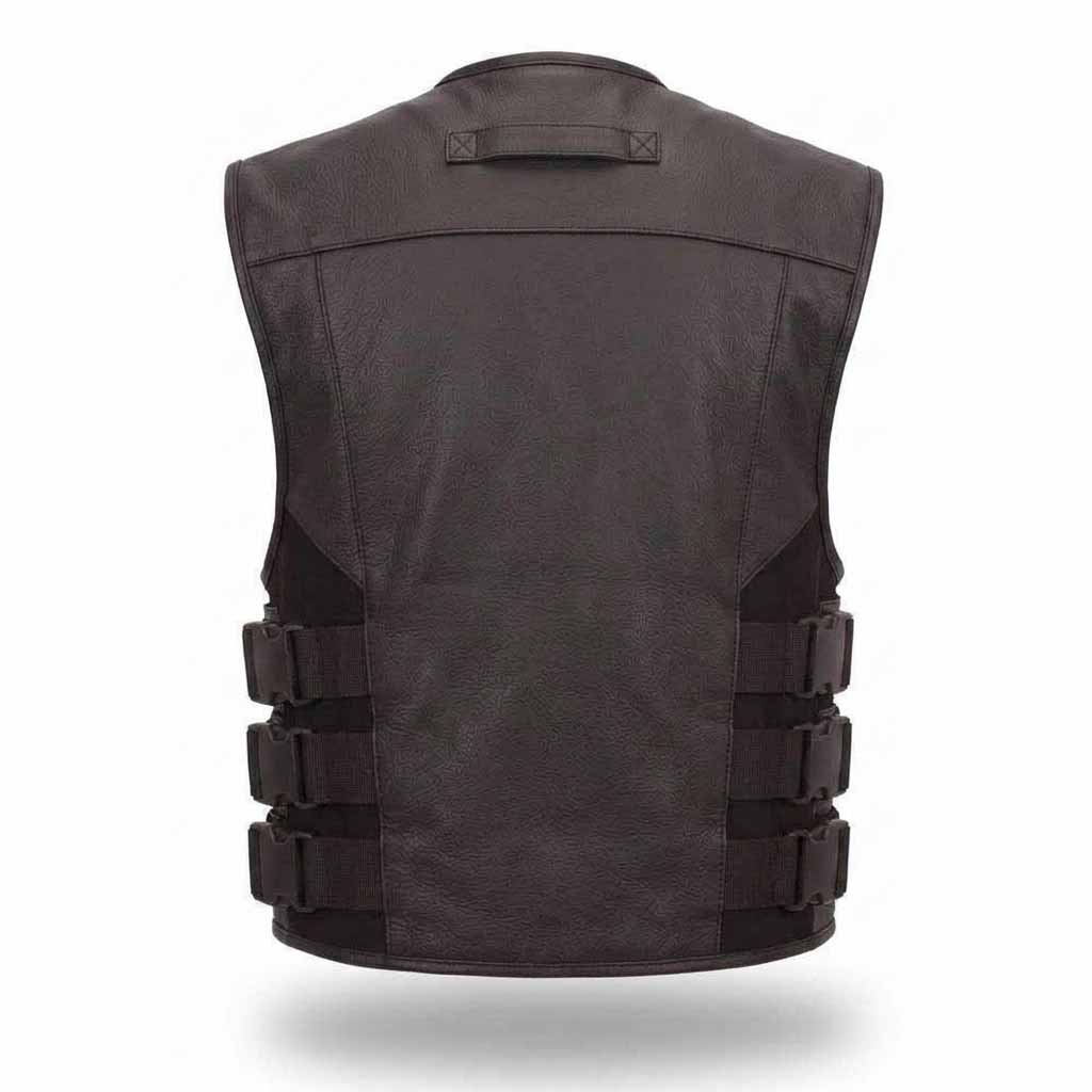 ear view of men's genuine leather SWAT style motorcycle vest showing the reinforced upper back grab handle and adjustable side buckle straps.
