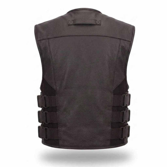 ear view of men's genuine leather SWAT style motorcycle vest showing the reinforced upper back grab handle and adjustable side buckle straps.