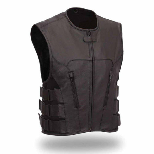Front three-quarter view of men's top grain black leather SWAT biker vest featuring angled zip pockets and six quick-release tactical side buckles.