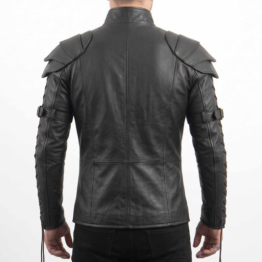 Direct back view of man wearing black leather steampunk tactical shirt showing tiered shoulder plates, mandarin collar, and tailored back seams