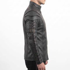 Side profile 90 degree studio shot of fitted black leather warrior shirt displaying continuous outer sleeve eyelet cord lacing and bicep buckle strap