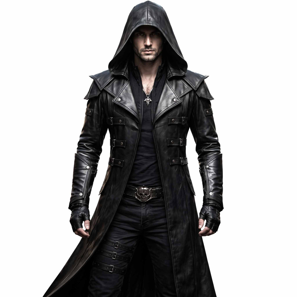 Front view of athletic man wearing handmade black cowhide leather hooded trench coat with shoulder pauldrons and front buckle straps