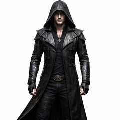Front view of athletic man wearing handmade black cowhide leather hooded trench coat with shoulder pauldrons and front buckle straps