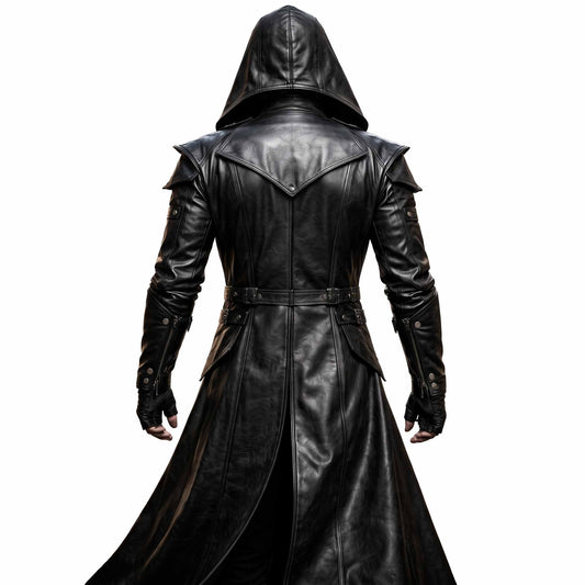 Direct back view of male model in black leather assassin duster showing deep hood, triangular storm flap, and split center walking vent