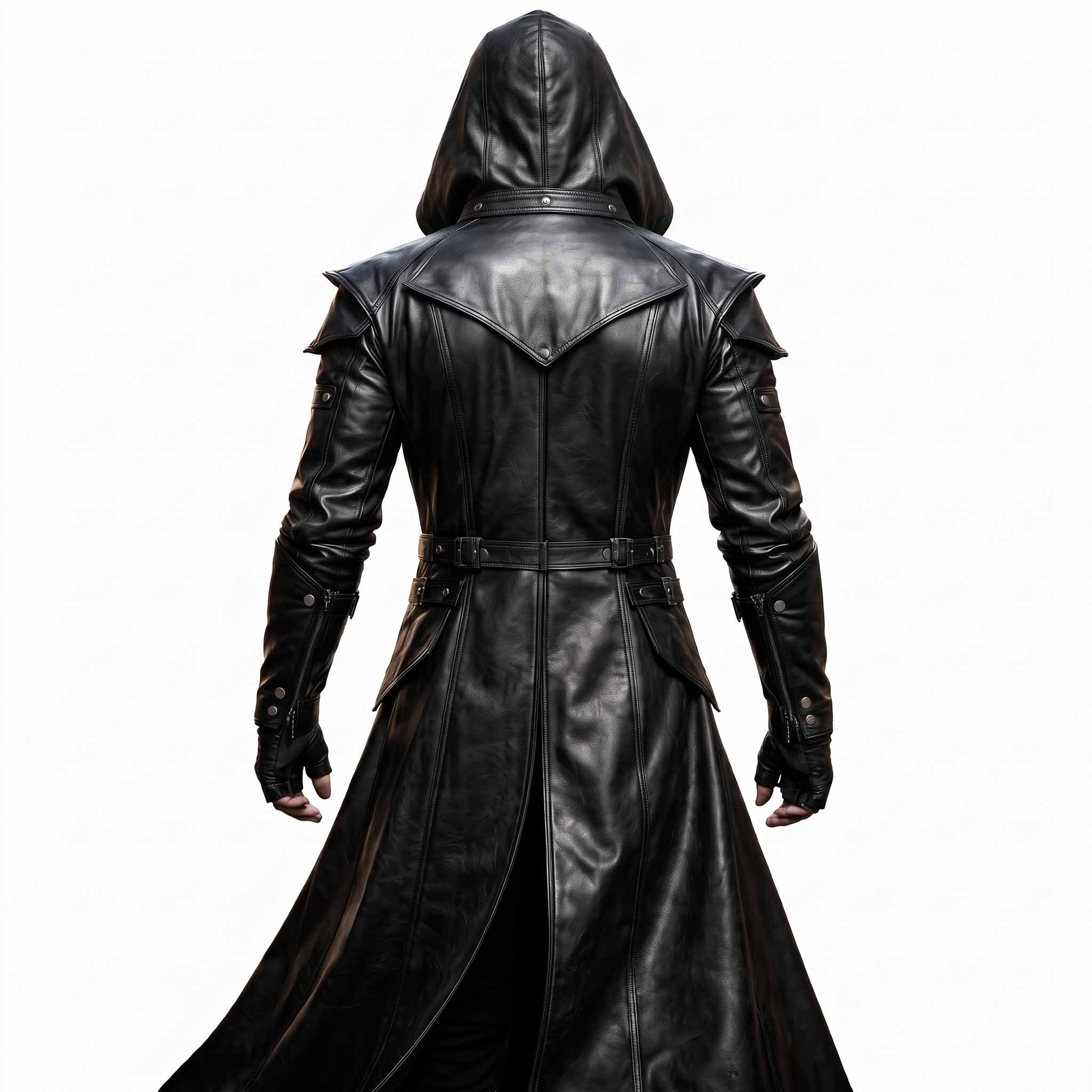 Direct back view of male model in black leather assassin duster showing deep hood, triangular storm flap, and split center walking vent