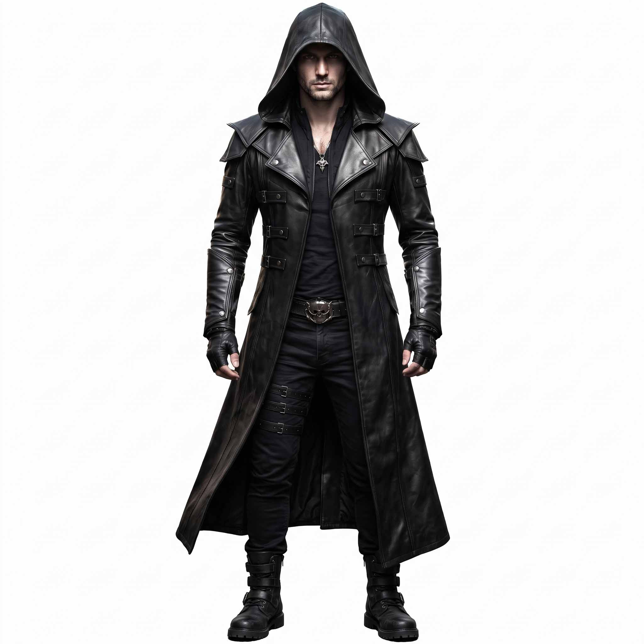 Full length front studio portrait of man modeling black leather hooded duster coat with dramatic flared hemline