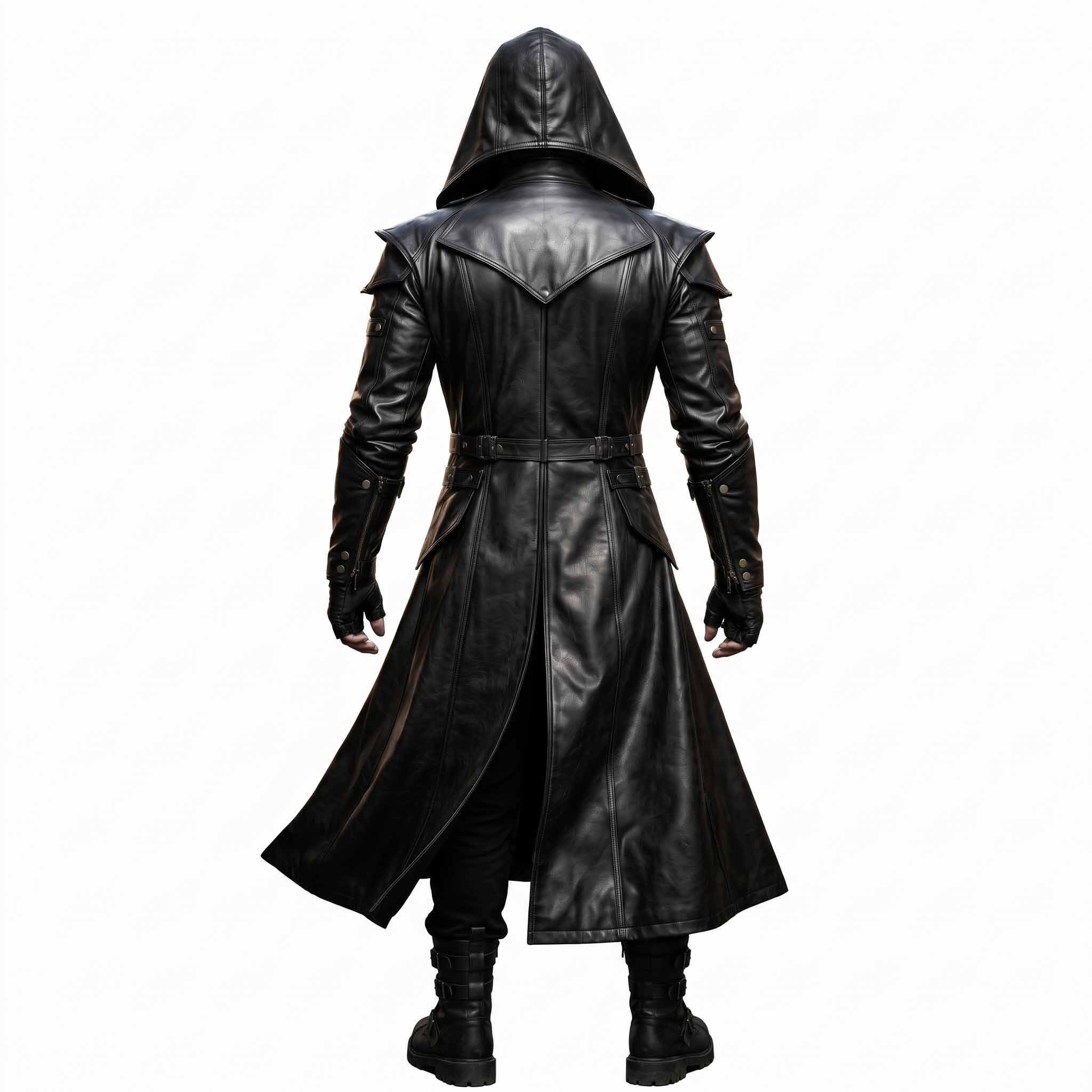 Rear perspective of man walking in flowing black leather hooded trench coat highlighting waist belt tunnel and flared hemline