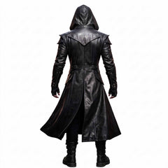 Rear perspective of man walking in flowing black leather hooded trench coat highlighting waist belt tunnel and flared hemline